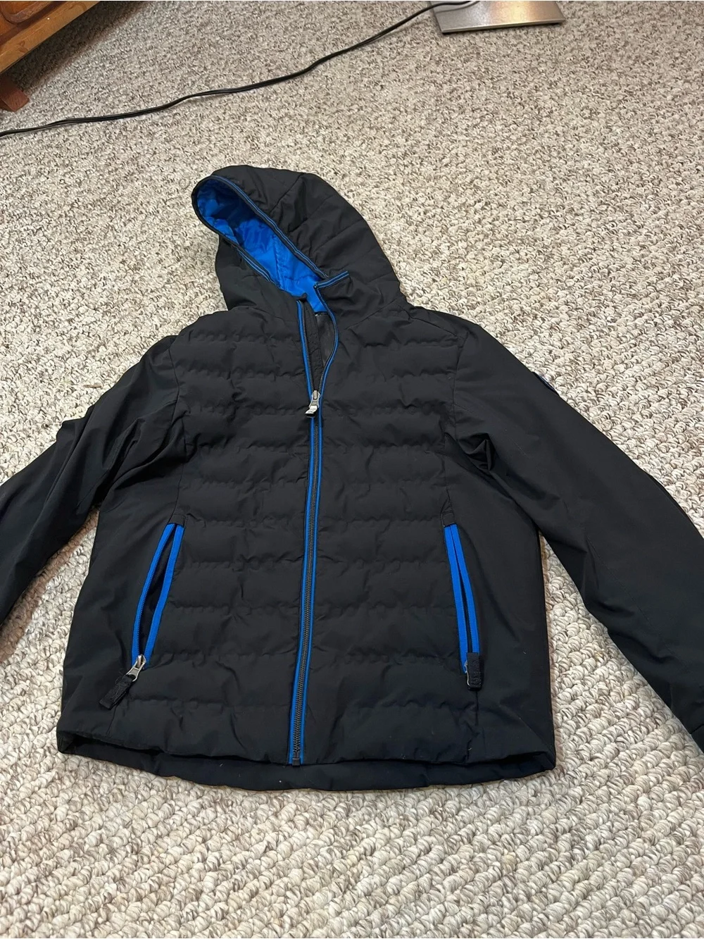 Gerry Outdoors Black Puffer Hooded Jacket with Blue Zippers and Inner Cuffs